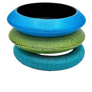 Vintage Bold Bangle Bracelet Trio Blue Green Textured Crackle 2.5” Lot